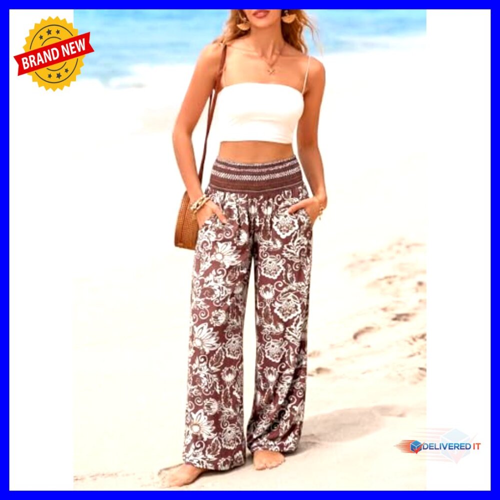 Wide Leg Palazzo Pants Smocked Waist Casual Loose Fit with Pockets - Picture 4 of 6